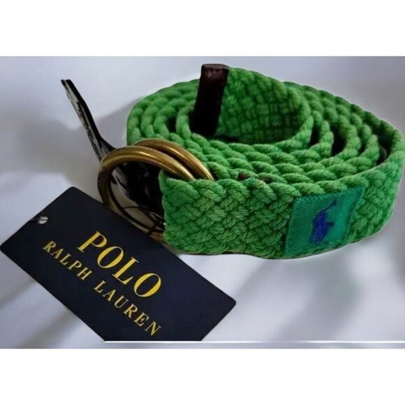 Polo Ralph Lauren Green Webbed Cotton ORing Belt Leather Trim Braided New Large - Picture 7 of 7